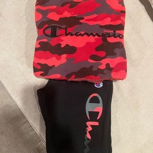 Champion hoodie, sweatshirt and sweatpants size small red black, gray camo.